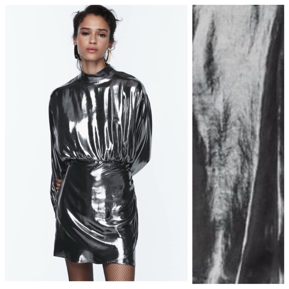 🌹NWT. Zara Silver Foil High Collar Ruched Mini Dress. Size M.